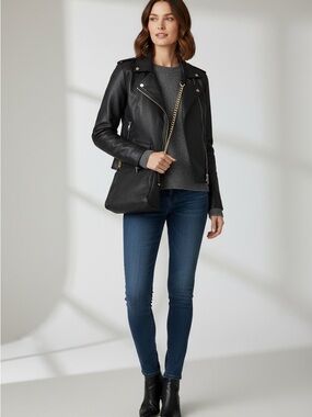 Black Leather Crossbody Bag with Gold Chain Strap